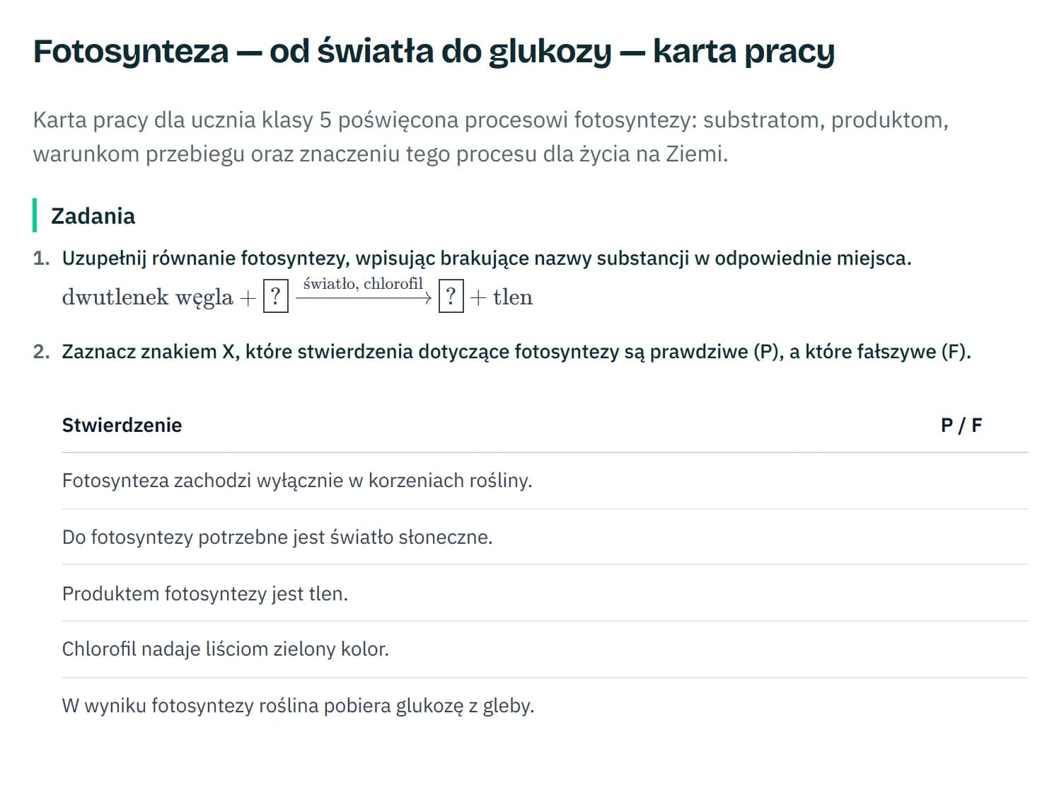 Fragment karty pracy: tytuł „Fotosynteza — od światła do glukozy”, zadanie z równaniem do uzupełnienia i tabela prawda/fałsz